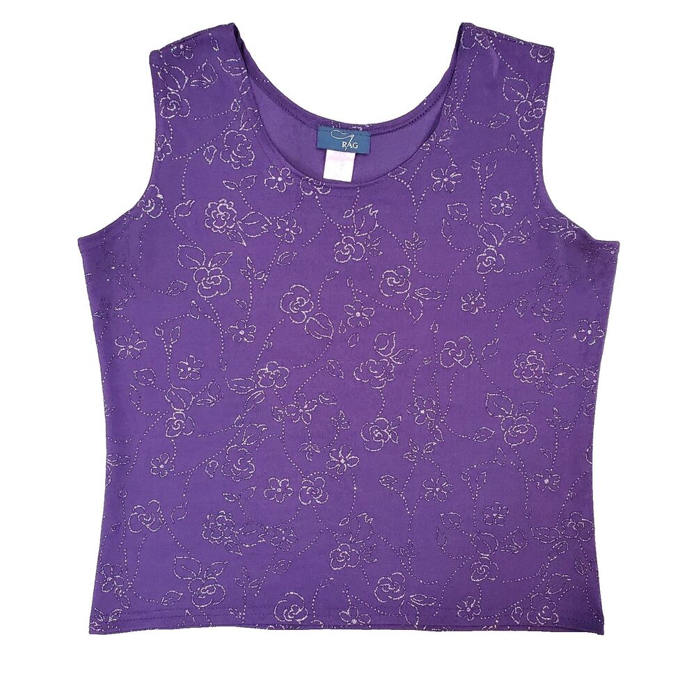 Vintage 90 Y2k Rag Glitter Flower Purple Tank Top L Whimsigoth Fairy Grunge USA